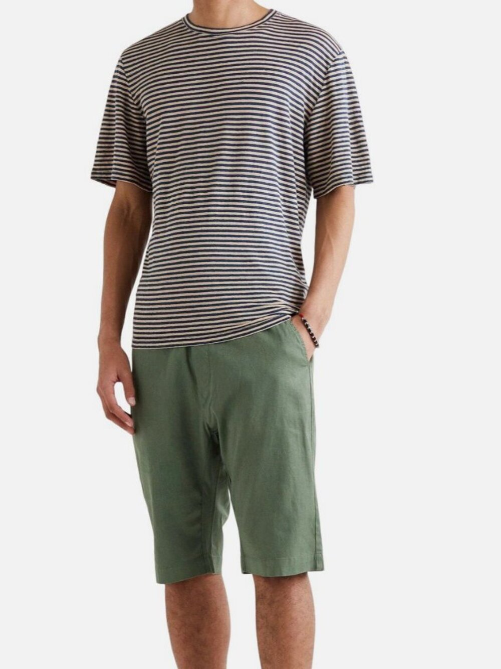 Barena Venezia Men's Blue Linen Striped Round Neck Short Sleeve T-Shirt Size S